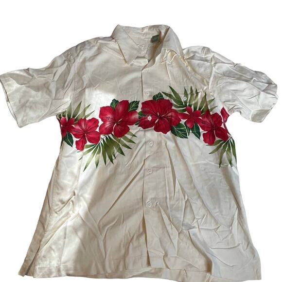 HALO HATTIE White Button Up 100% Silk Hawaiian Shirt Medium M Red Hibiscus - Picture 1 of 3